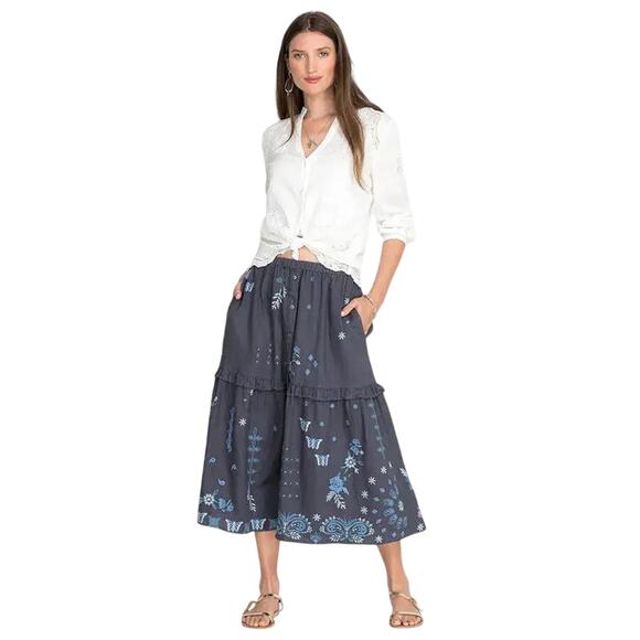 Johnny Was Dresses & Skirts - JOHNNY WAS Nico Ruffle Tiered Midi Skirt Womens XS Blue Linen Embroidered Boho